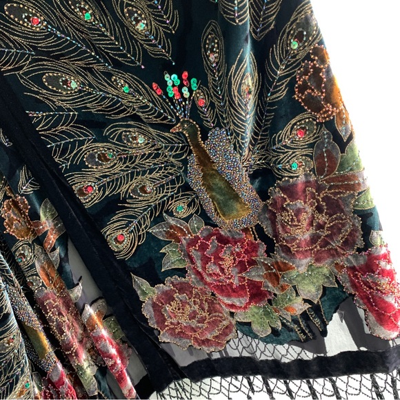 VINTAGE shawl cover up velvet beads embroidery peacock floral OS silk blend - Picture 12 of 16